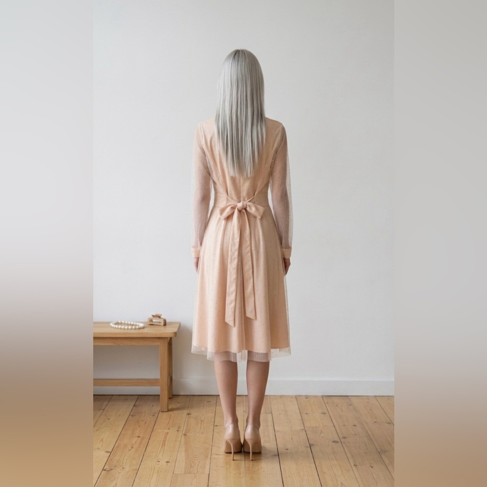 Elegant Cream A-Line V-Neck Dress with Sheer Long Sleeves - Picture 4 of 6